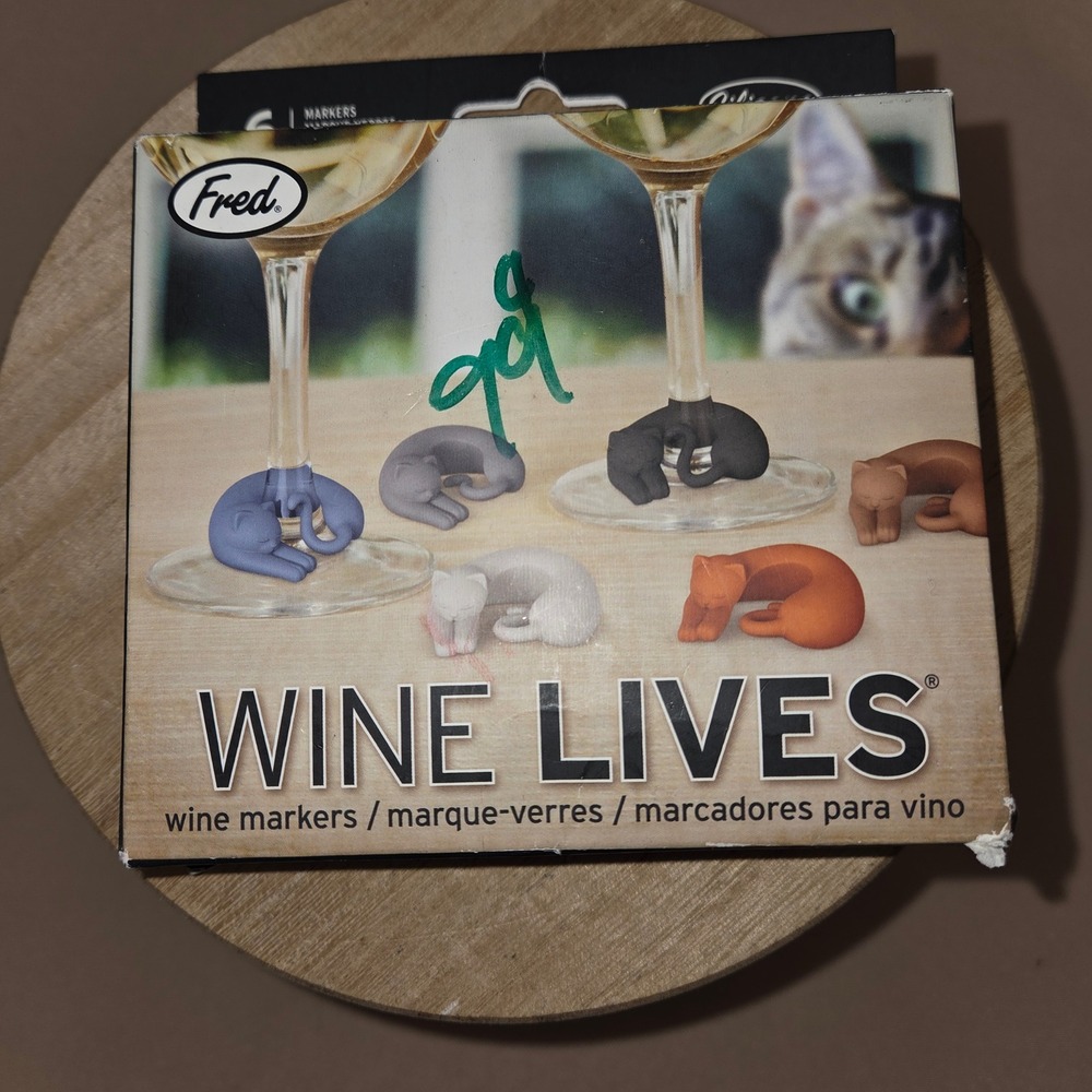 Fred & Friends Wine Lives Cat Wine Glass Markers Set of 6 Silicone Charms Multi
